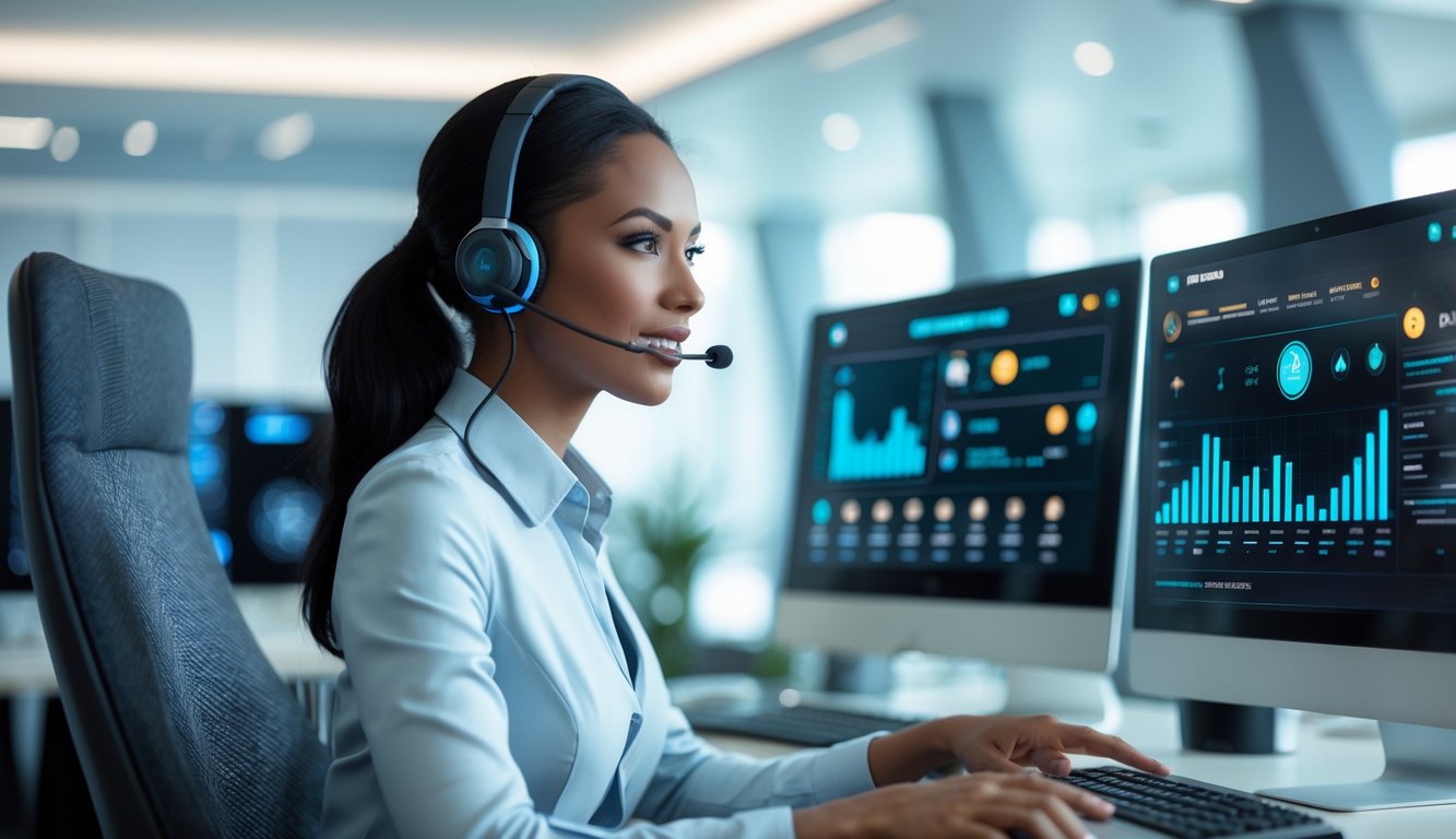 Seorang perwakilan layanan pelanggan profesional sedang bekerja di kantor modern dengan beberapa layar komputer yang menampilkan antarmuka transaksi aman.