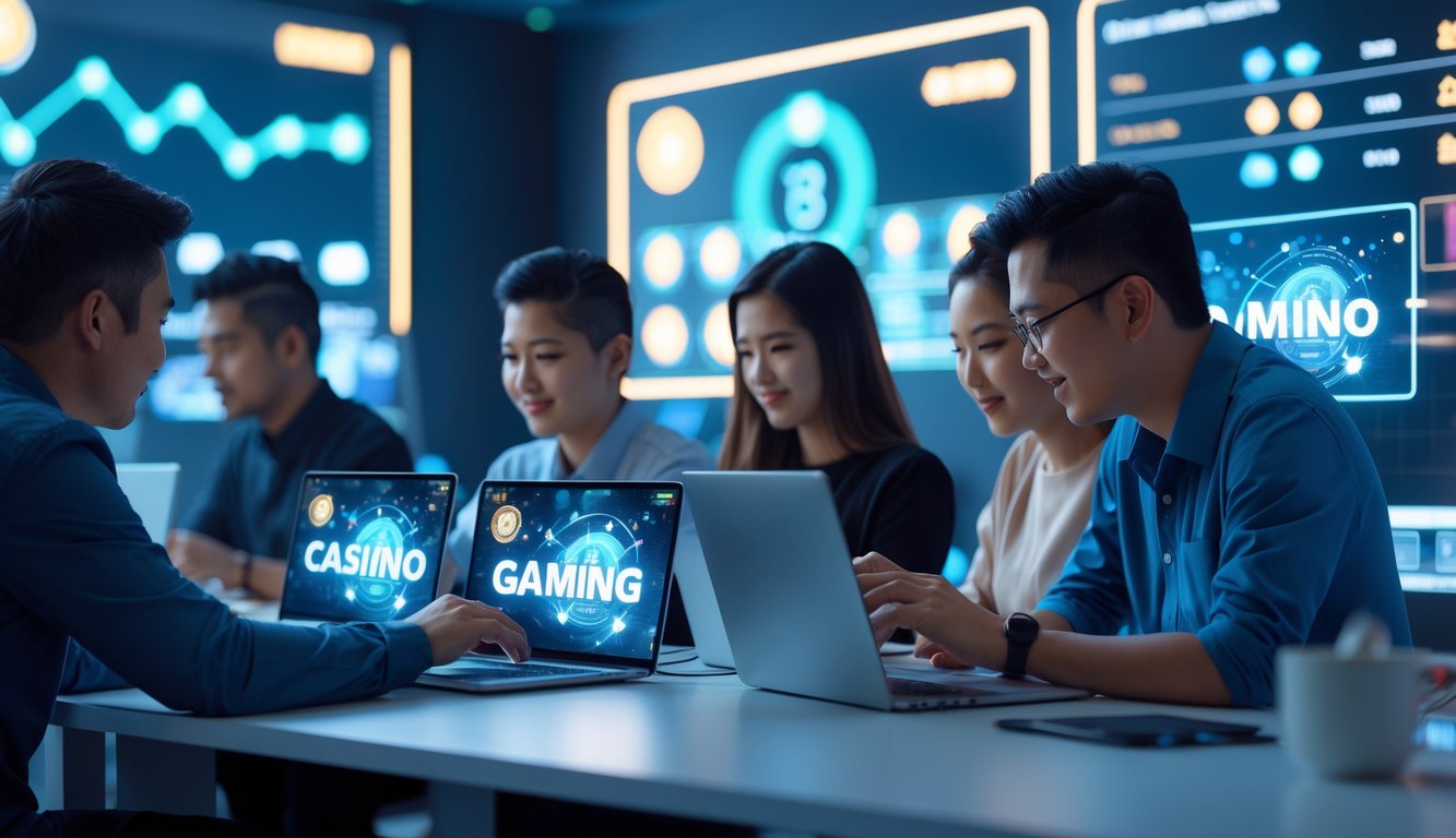 Sekelompok orang muda Indonesia menggunakan laptop dan ponsel dalam suasana kerja digital yang modern dan terang.