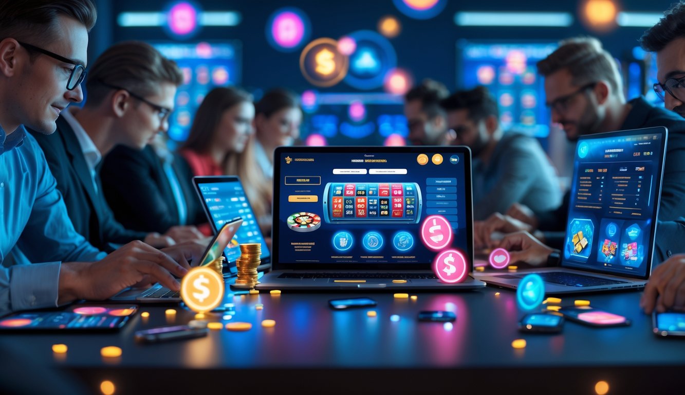 Sekelompok orang menggunakan perangkat digital untuk bermain game judi online dengan latar belakang yang menunjukkan keamanan dan bonus.