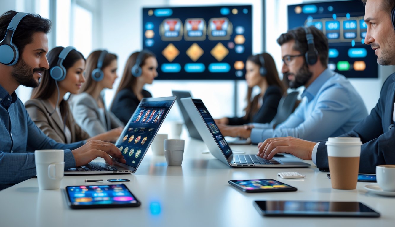 Beberapa orang dari berbagai latar belakang menggunakan perangkat digital untuk bermain judi online di ruang kerja modern.