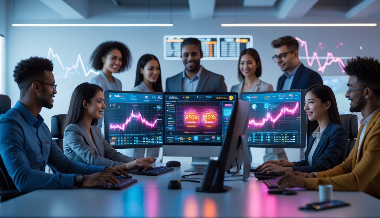 Sekelompok profesional muda bekerja di kantor modern dengan beberapa komputer yang menampilkan grafik dan antarmuka permainan digital.