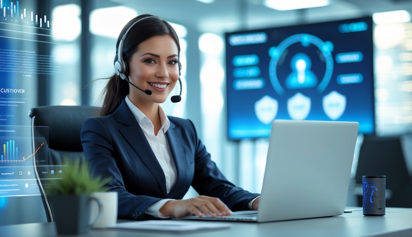 Seorang agen layanan pelanggan duduk di meja kantor modern dengan headset, tersenyum ramah di lingkungan kantor yang terang dan profesional.