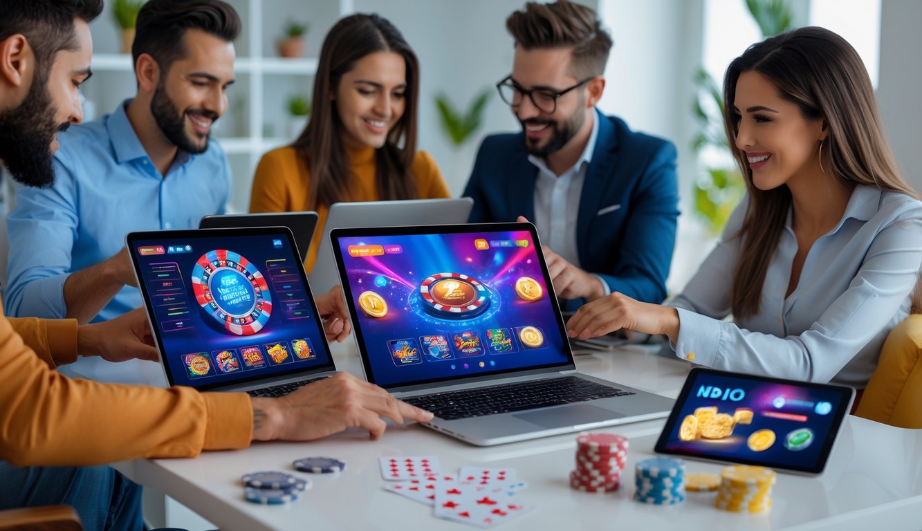 Sekelompok orang menggunakan perangkat digital untuk bermain judi online di ruangan modern dengan suasana cerah dan nyaman.