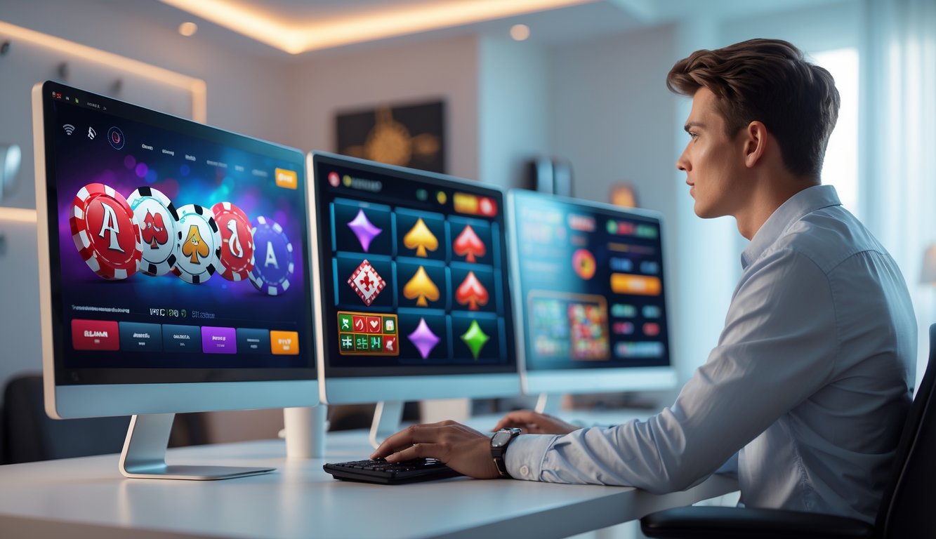 Seorang dewasa muda duduk di depan beberapa layar komputer dengan tampilan permainan kasino online di sebuah ruangan modern.