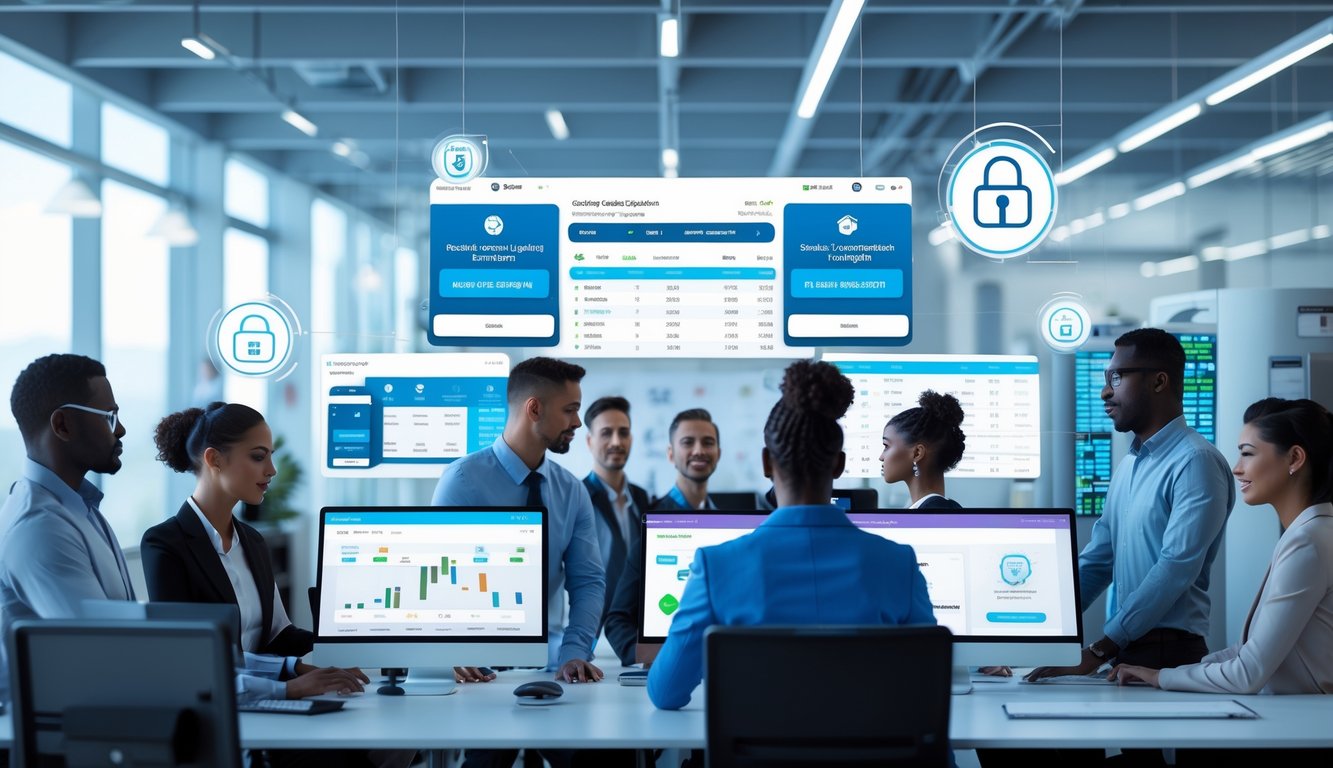 Seorang profesional bekerja di kantor agen judi online dengan komputer dan layar digital yang menampilkan sistem taruhan dan keamanan lisensi.