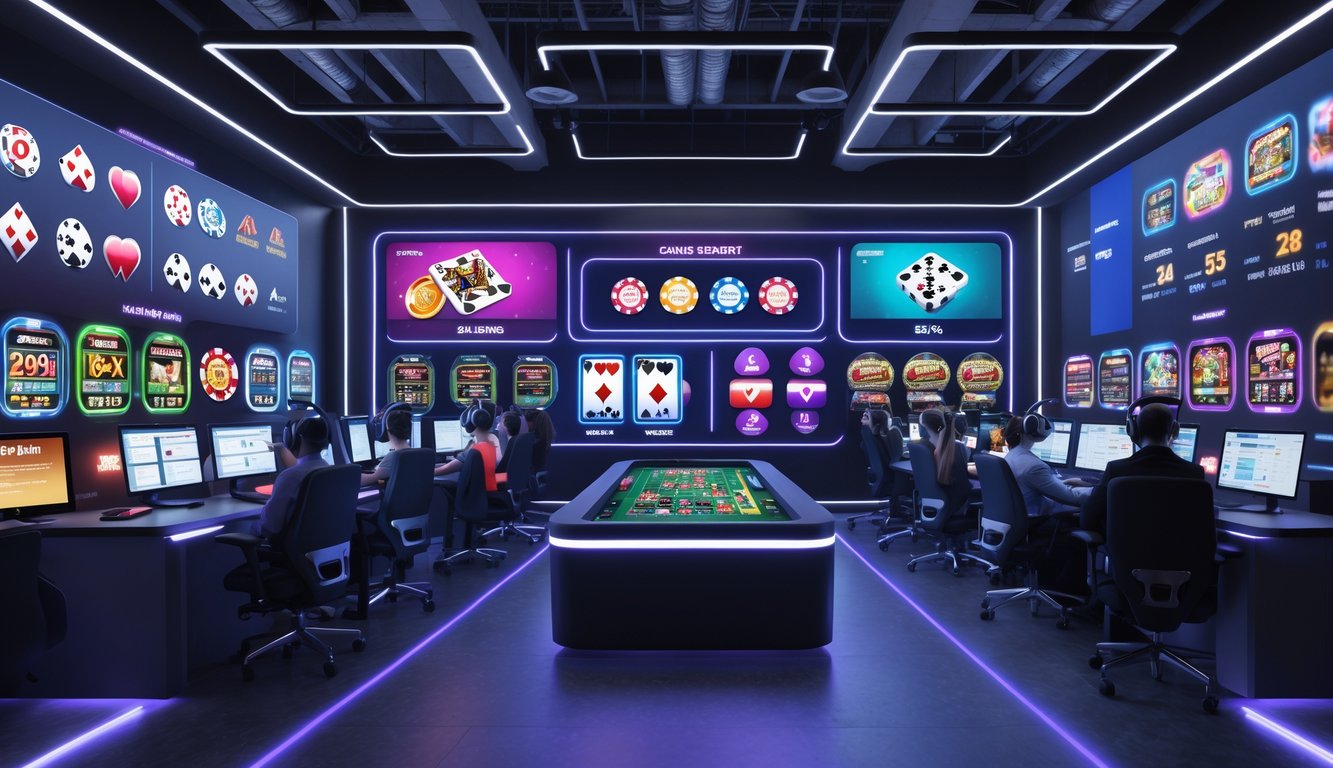 Kantor agen judi online dengan staf yang sedang membantu pelanggan melalui komputer dan layar menampilkan berbagai permainan kasino.