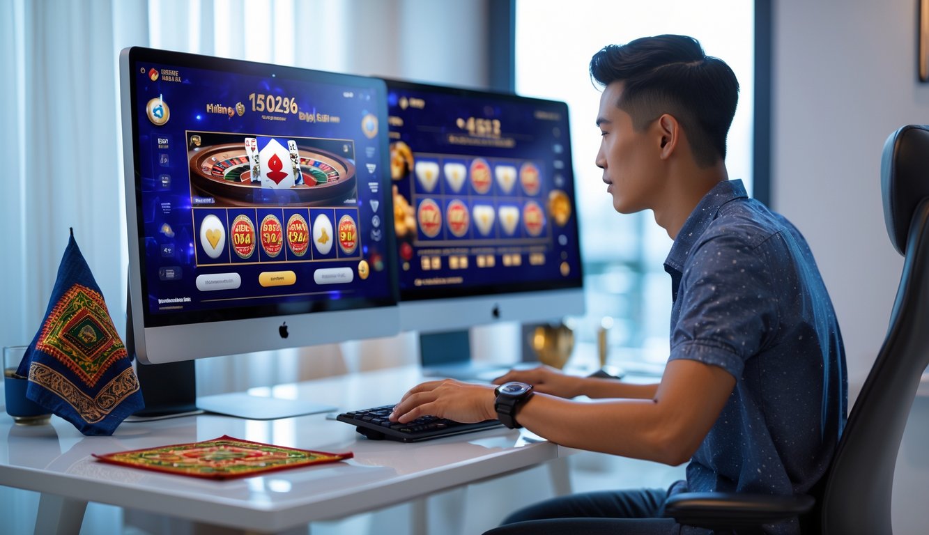Seorang pria muda Indonesia duduk di depan komputer dengan layar menampilkan permainan kasino online dalam ruangan yang nyaman dan modern.