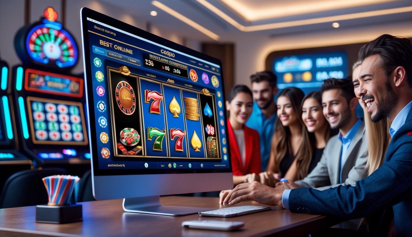 Sekelompok orang muda yang antusias bermain kasino online di depan komputer dengan tampilan permainan kasino yang berwarna-warni.
