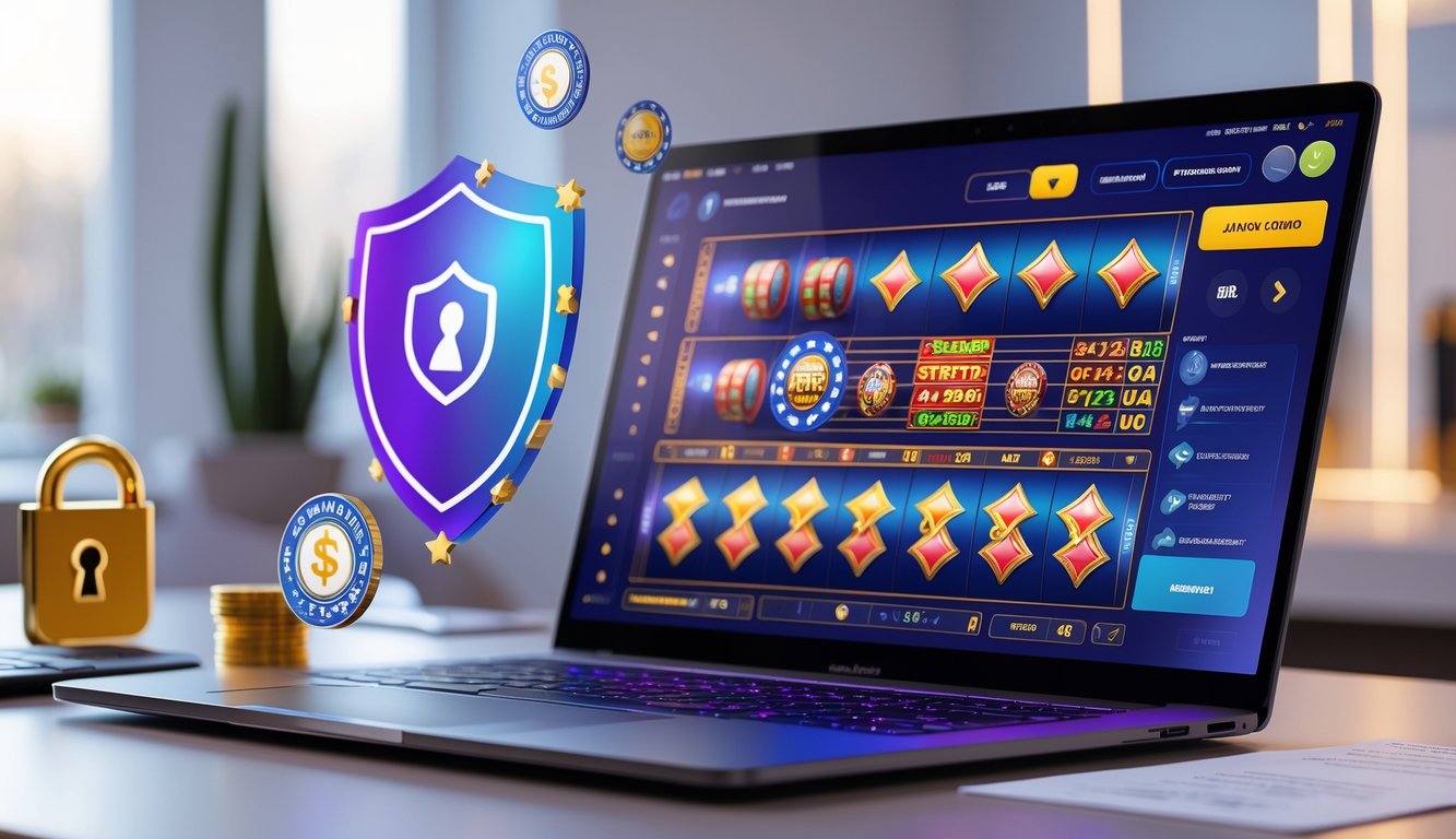 Seorang pengguna sedang melihat layar komputer dengan tampilan situs kasino online yang aman dan legal, di ruang kerja yang terang dan rapi.