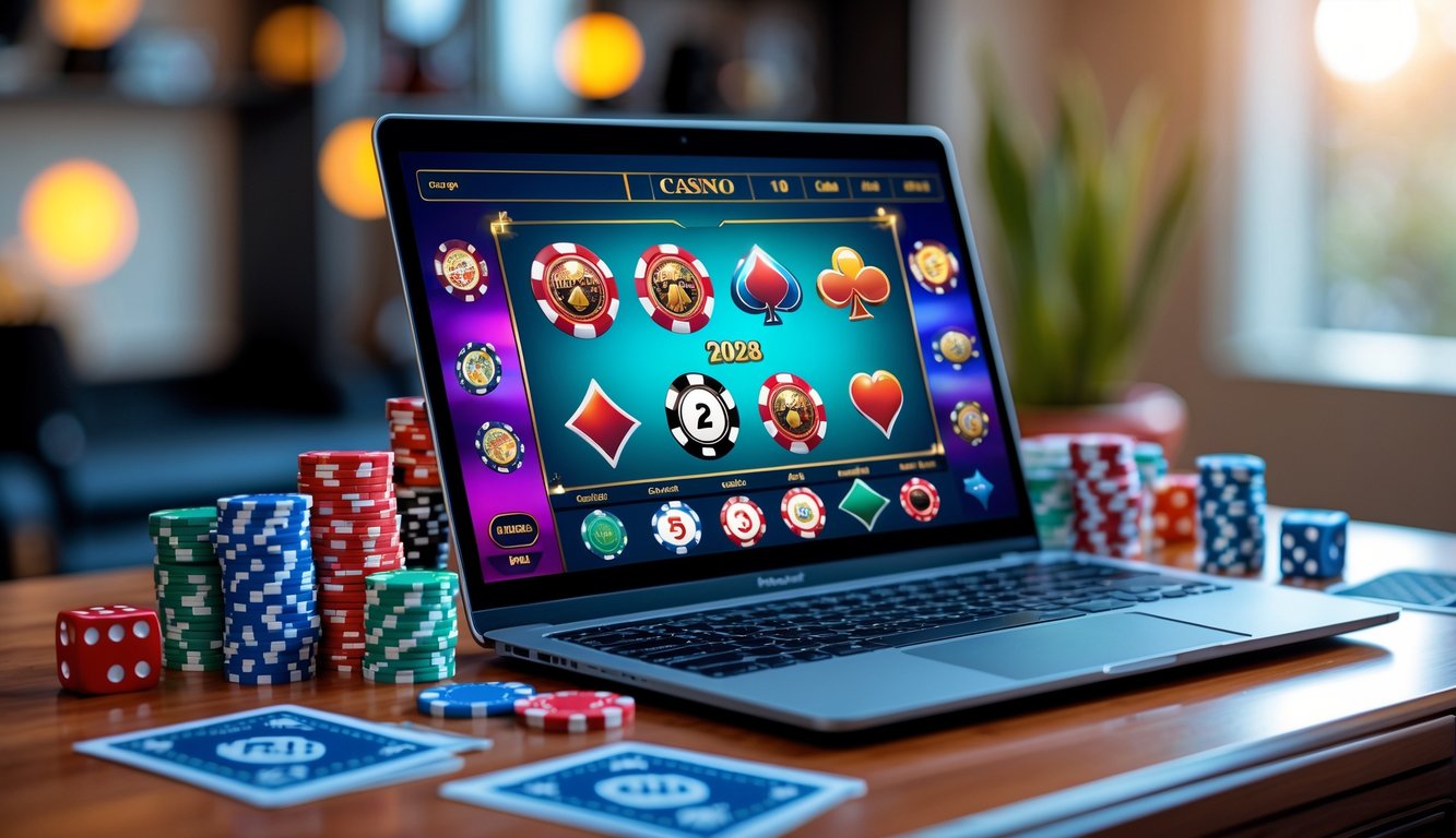 Seorang pria menggunakan laptop dengan tampilan permainan kasino online lengkap di meja kayu dengan chip poker dan kartu di sekitarnya.