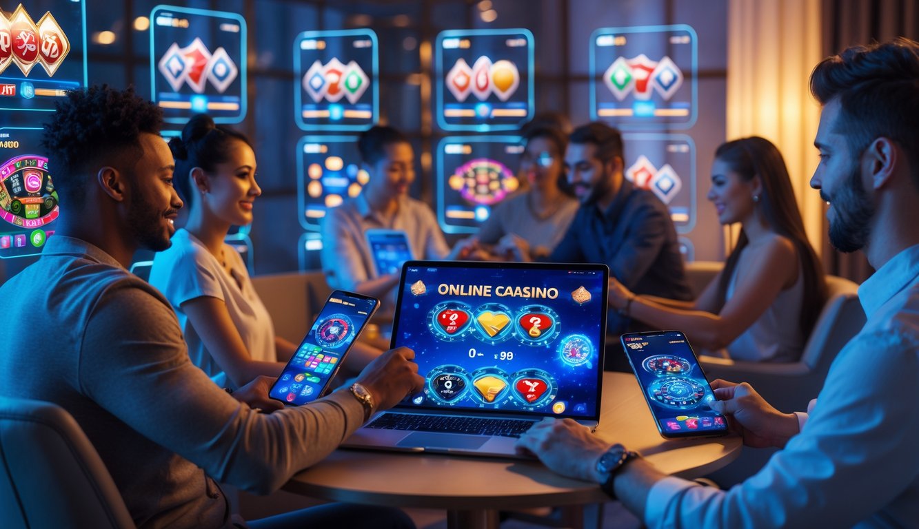 Beberapa orang sedang bermain permainan kasino online menggunakan laptop dan ponsel di sebuah ruangan modern dengan layar digital menampilkan berbagai permainan kasino.