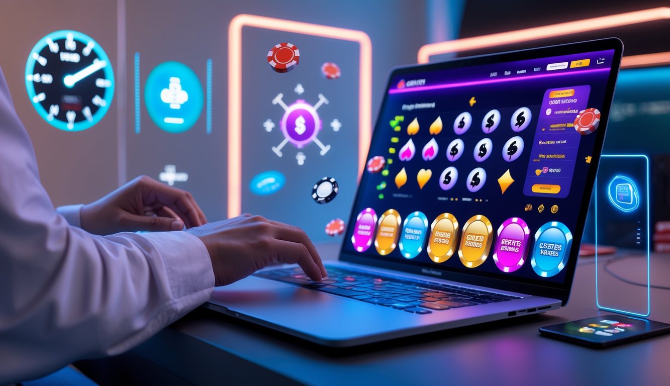 Seorang pria menggunakan laptop di meja dengan tampilan situs kasino online yang modern dan ikon pembayaran digital di sekitarnya.