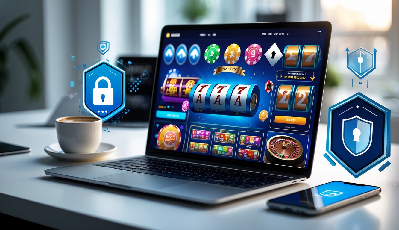 Seorang pengguna sedang melihat layar laptop dengan tampilan permainan kasino online dan simbol keamanan di meja kerja yang rapi.