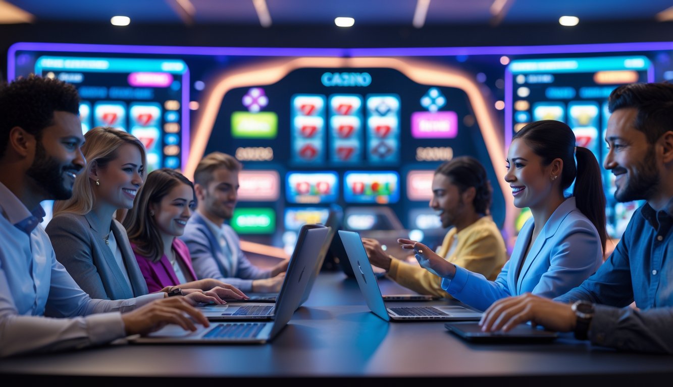 Orang-orang dari berbagai latar belakang bermain permainan kasino online menggunakan laptop, tablet, dan ponsel di lingkungan modern dan cerah.