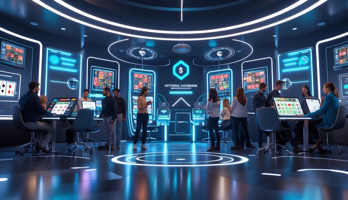 Orang-orang menggunakan perangkat digital untuk bermain permainan kasino online di lingkungan modern yang terang dan futuristik.