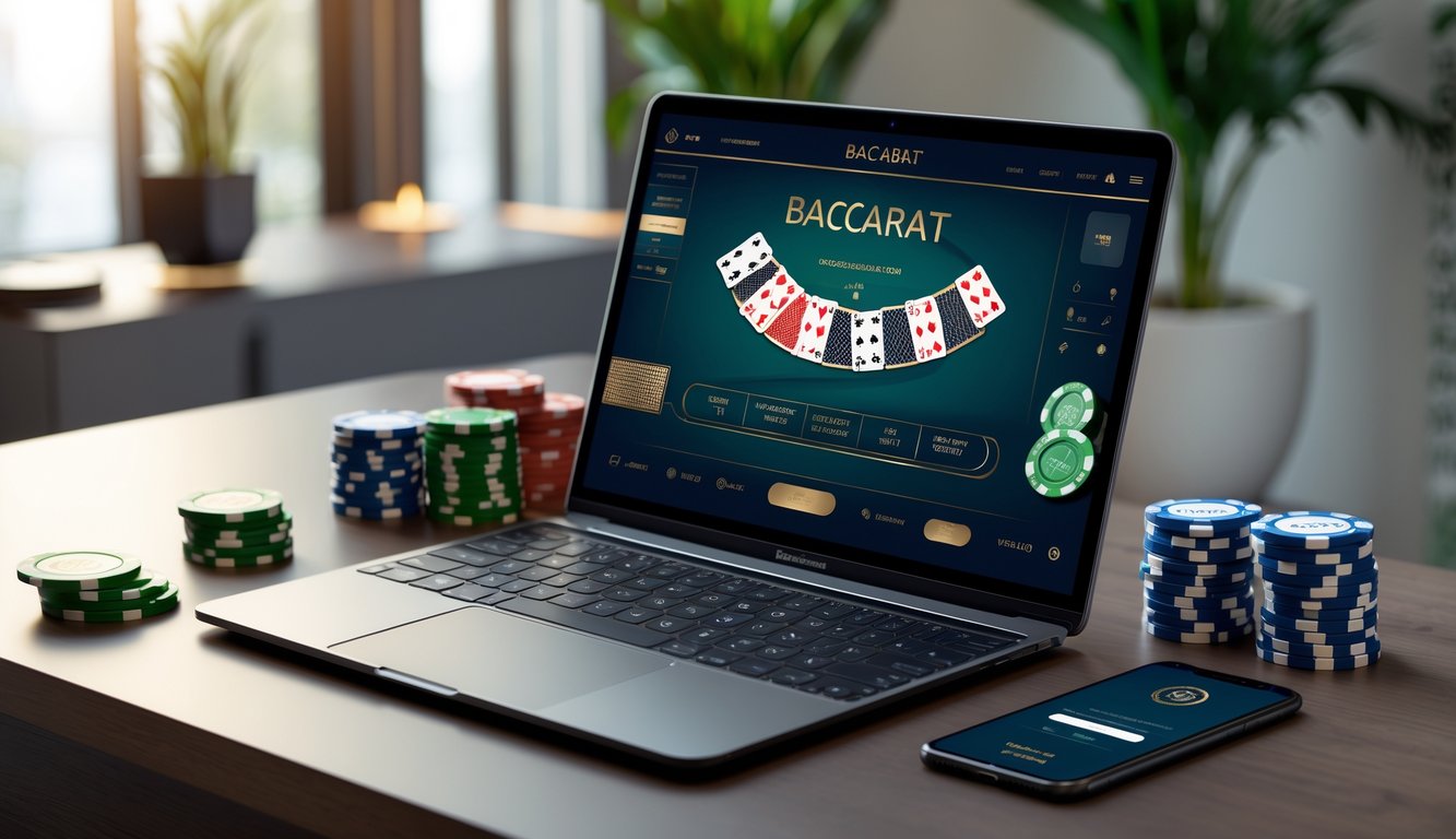 Seorang pengguna sedang bermain baccarat online di laptop dengan chip kasino dan kartu di meja yang rapi.