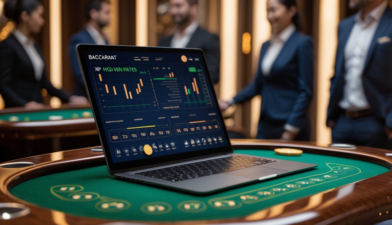 Seorang pemain menggunakan laptop dengan tampilan permainan baccarat online di meja kasino yang elegan.