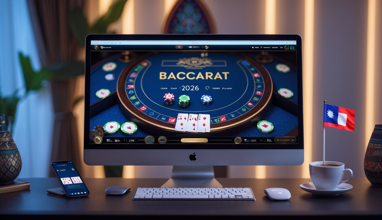 Meja kerja modern dengan komputer yang menampilkan permainan baccarat online, dilengkapi dengan kartu dan chip, serta elemen dekorasi yang mencerminkan budaya Indonesia.