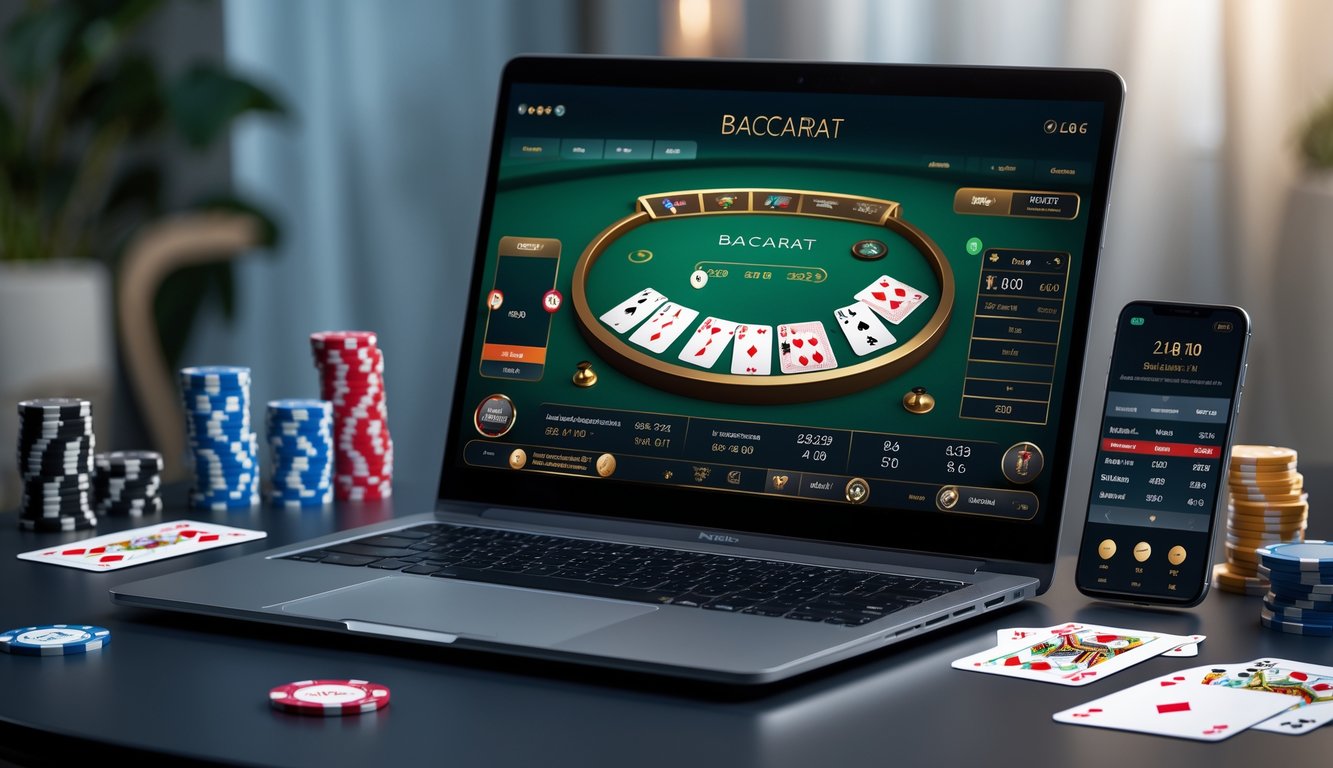Seorang pemain sedang bermain baccarat online di laptop dengan chip poker dan kartu di meja dalam ruangan yang nyaman.