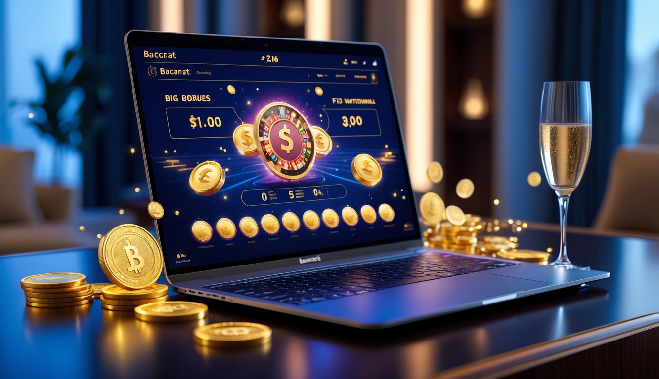 Sebuah meja dengan komputer yang menampilkan permainan baccarat online, dikelilingi koin emas dan ikon digital, di ruangan yang terang dan mewah.