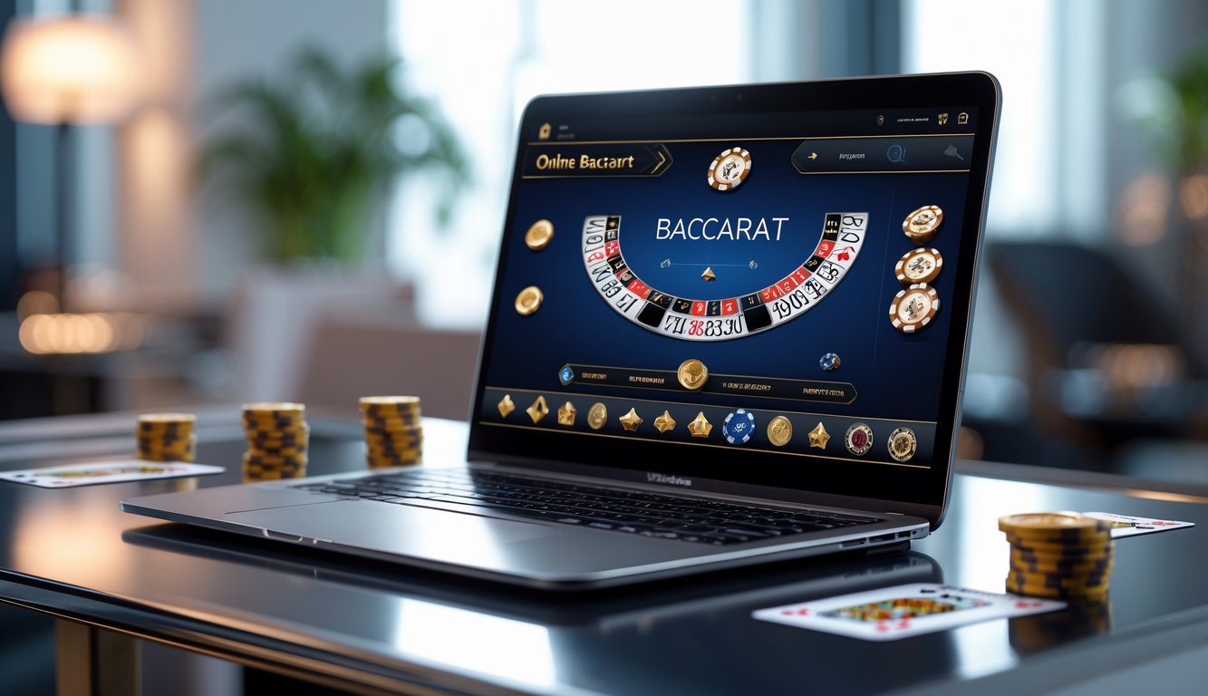 Seorang pemain sedang menggunakan komputer dengan permainan baccarat online yang terlihat di layar, di meja yang rapi dengan pencahayaan yang baik.