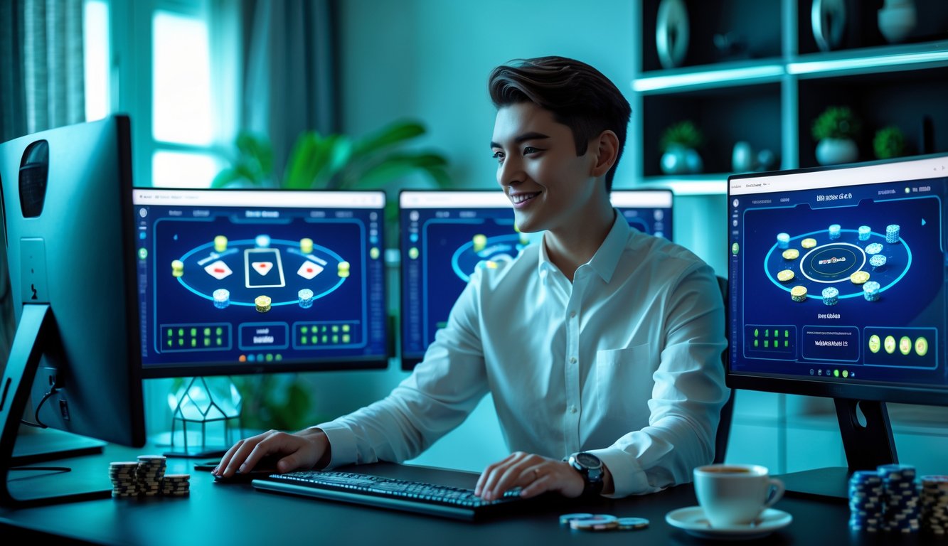 Seorang pengguna muda sedang bermain baccarat online di komputer dengan beberapa layar, di ruang kerja modern yang terang dan rapi.