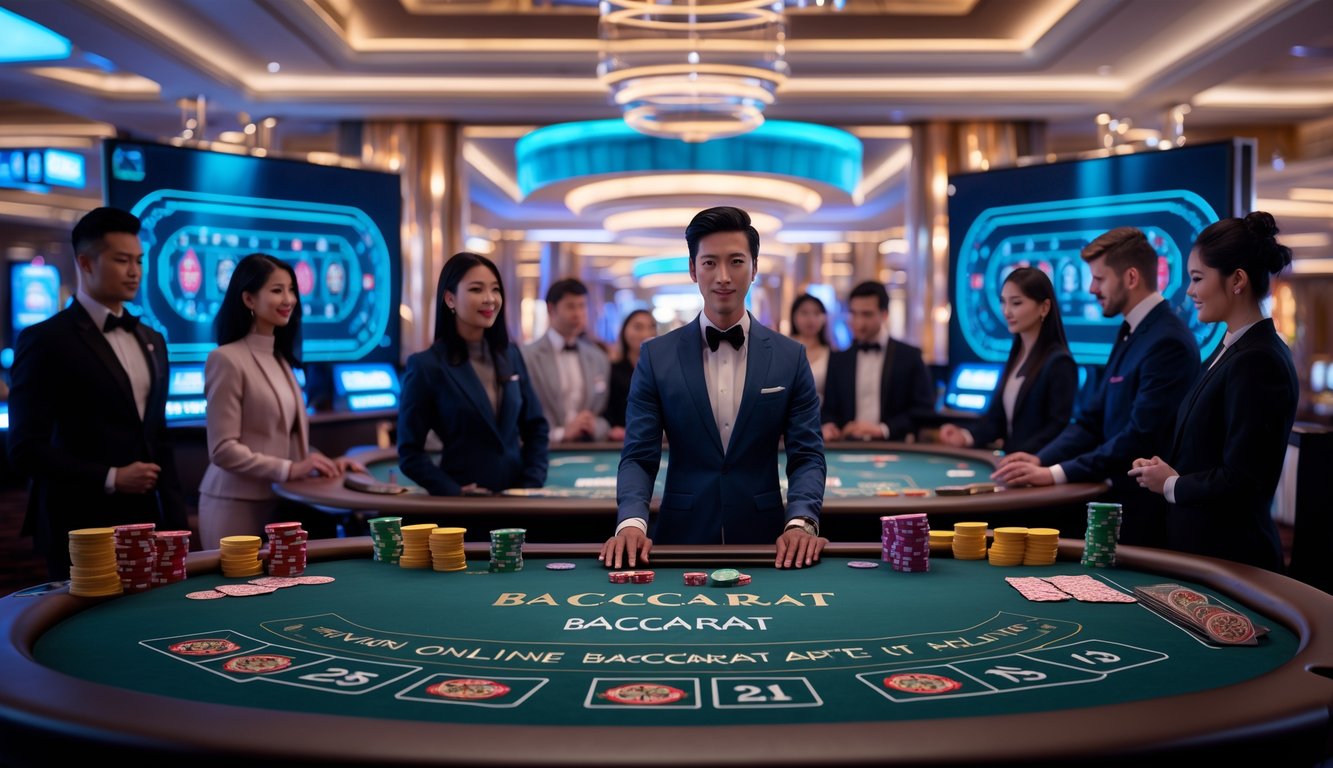 Seorang dealer profesional dengan pemain yang bermain baccarat online di meja digital dalam suasana kasino modern.