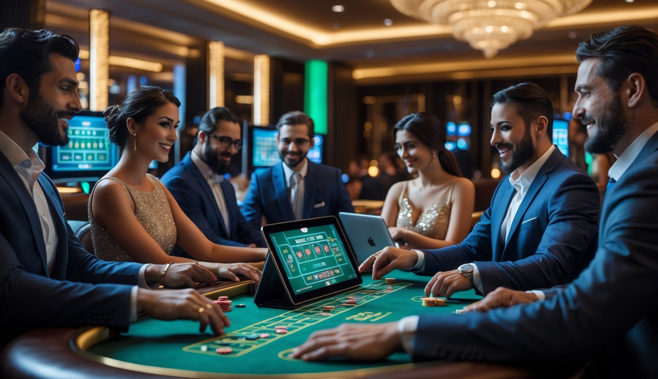 Sejumlah pemain kasino online yang berpakaian rapi sedang bermain Baccarat menggunakan perangkat digital di sebuah ruangan kasino modern yang elegan.