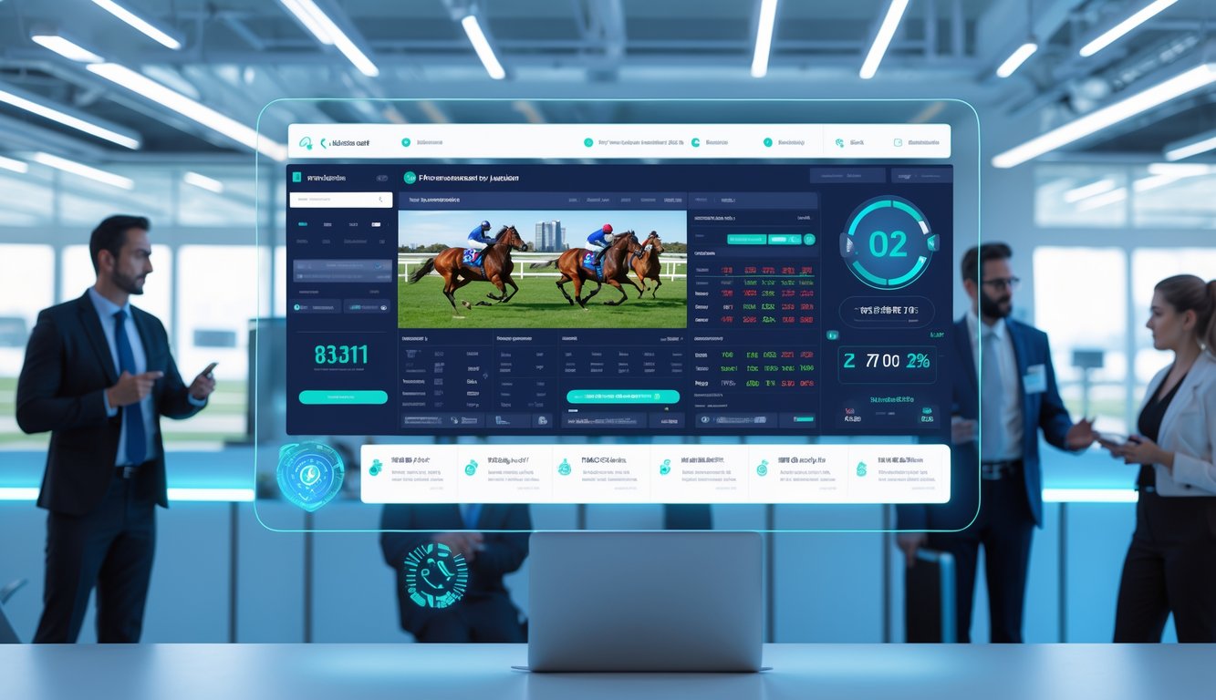 Orang-orang profesional sedang bekerja di kantor modern dengan layar besar menampilkan data pacuan kuda dan elemen keamanan teknologi.