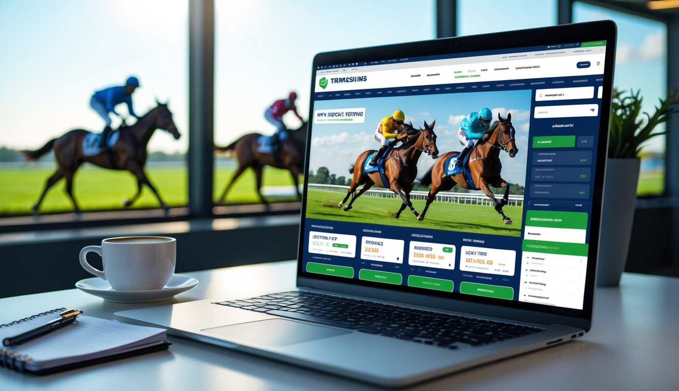 Seorang pengguna di depan laptop dengan tampilan situs pacuan kuda online, latar belakang pacuan kuda dengan joki yang sedang berlomba.
