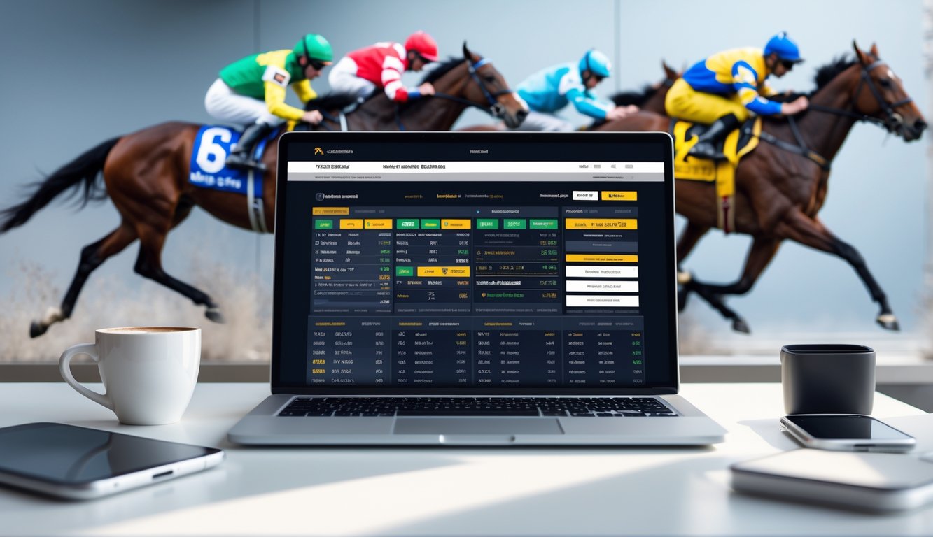 Tampilan antarmuka taruhan pacuan kuda online di layar laptop dengan latar belakang balapan kuda yang sedang berlangsung.