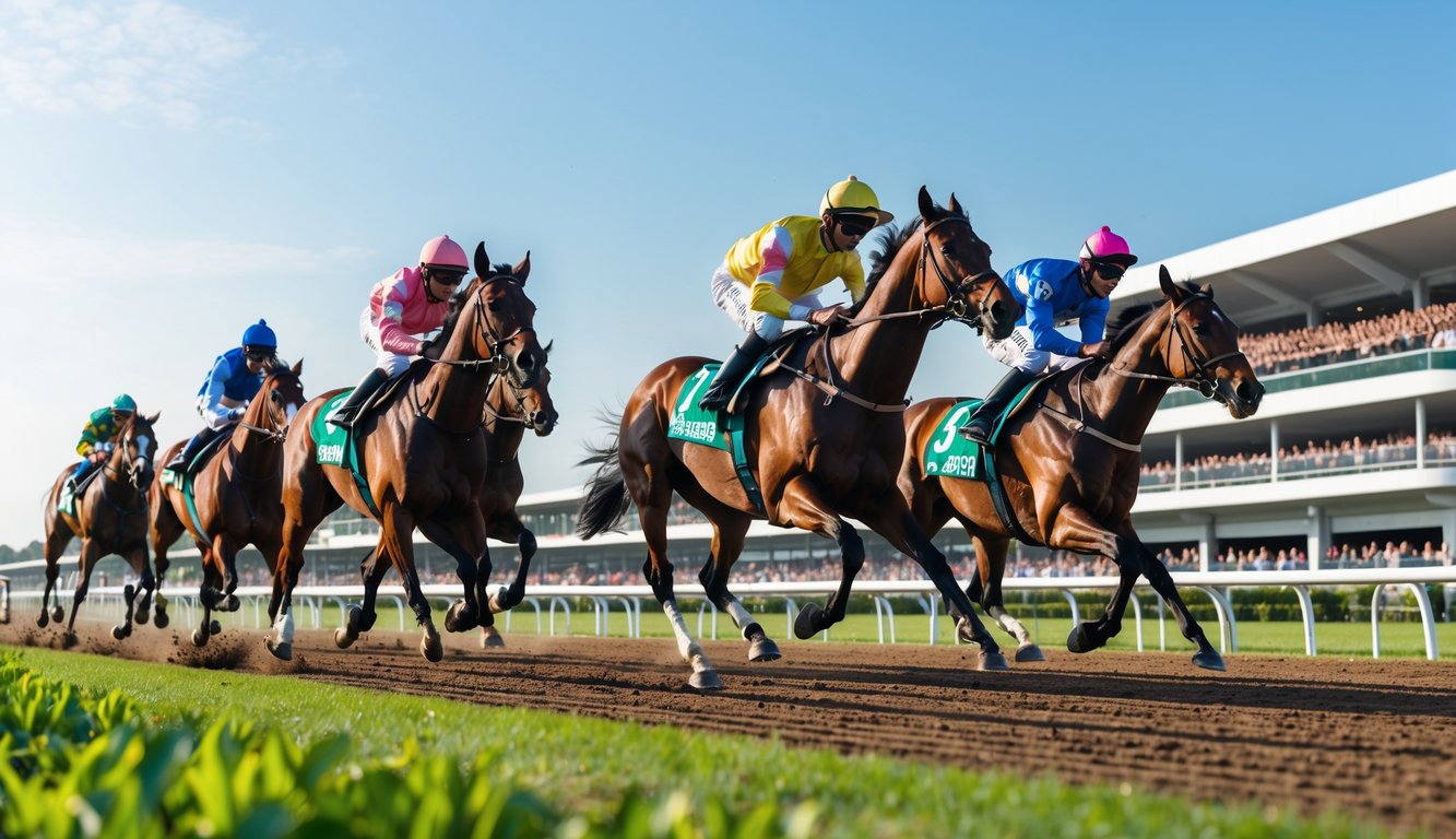 Beberapa kuda pacuan berlari kencang di lintasan dengan joki mengenakan pakaian warna-warni, penonton di tribun dan pemandangan hijau di latar belakang.