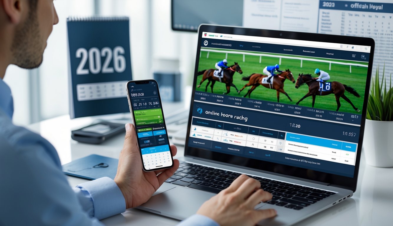 Seseorang menggunakan laptop dan ponsel untuk melihat statistik dan taruhan pacuan kuda secara online di sebuah kantor modern.