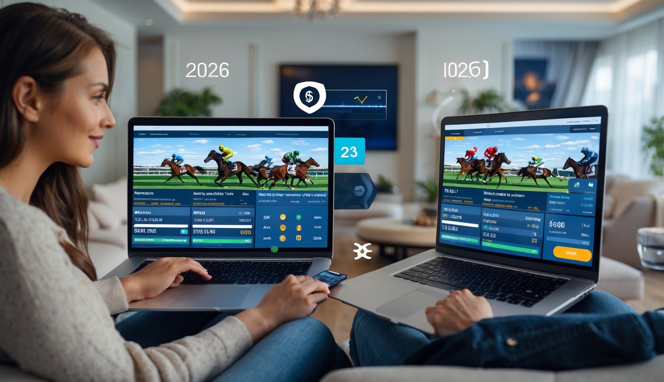 Dua orang dewasa menggunakan laptop dan ponsel untuk memasang taruhan pacuan kuda online di ruang tamu yang nyaman.