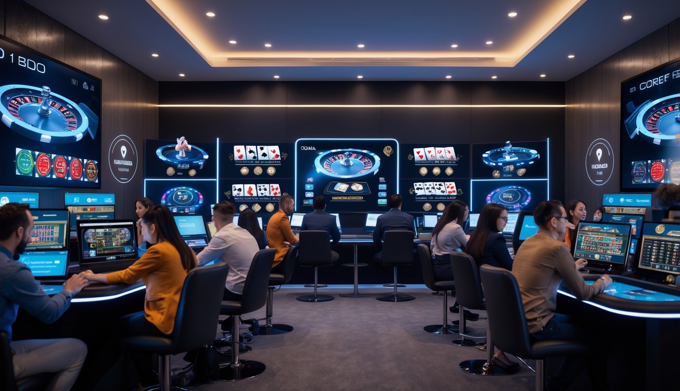 Beberapa orang bermain permainan kasino langsung online menggunakan komputer dan perangkat digital di ruangan modern yang terang.