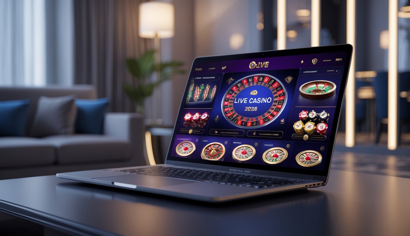 Seorang pengguna sedang melihat layar komputer dengan tampilan permainan kasino langsung online yang modern dan menarik.