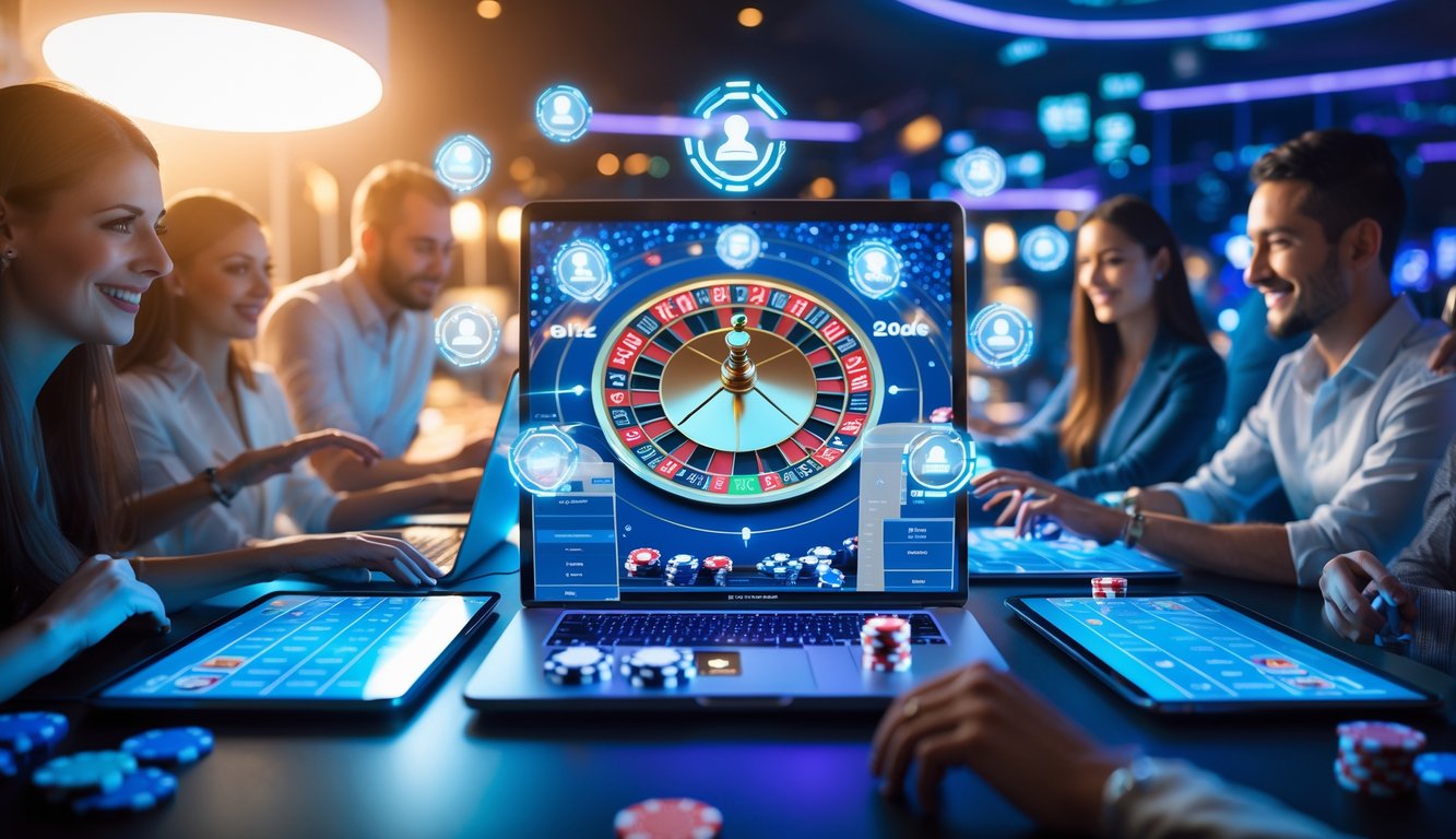 Sejumlah pemain beragam menggunakan perangkat digital untuk bermain kasino online dalam suasana yang aman dan modern.