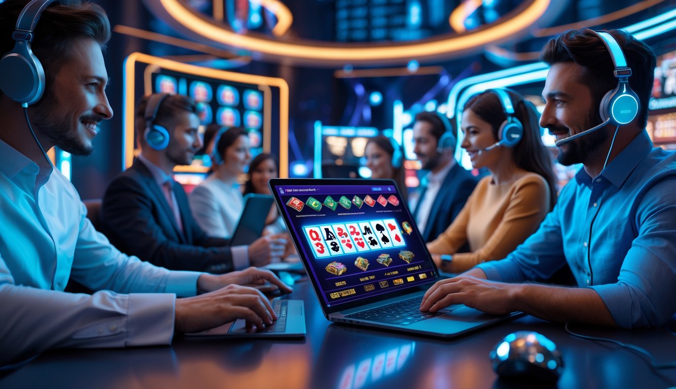 Beberapa orang menggunakan laptop dan tablet untuk bermain permainan kasino online di ruangan modern dengan pencahayaan futuristik.