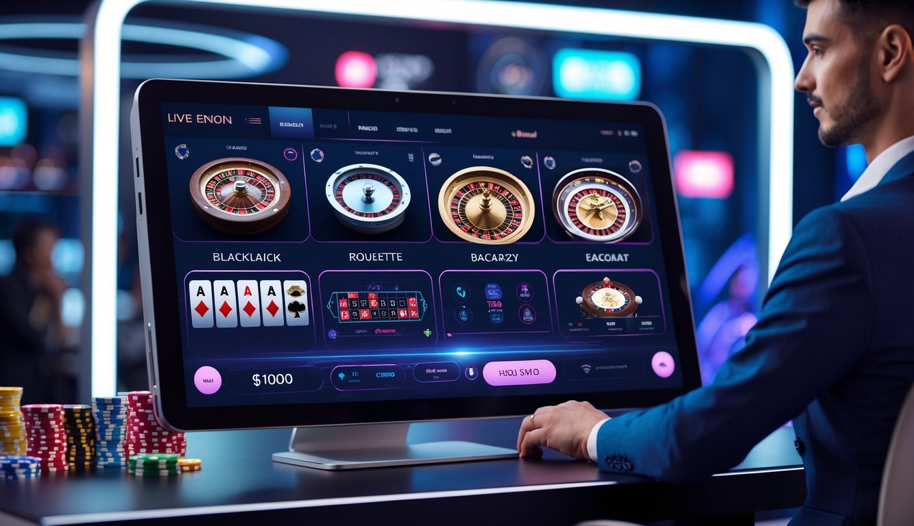 Seorang pemain sedang menggunakan perangkat digital dengan tampilan permainan kasino langsung yang modern dan terpercaya.