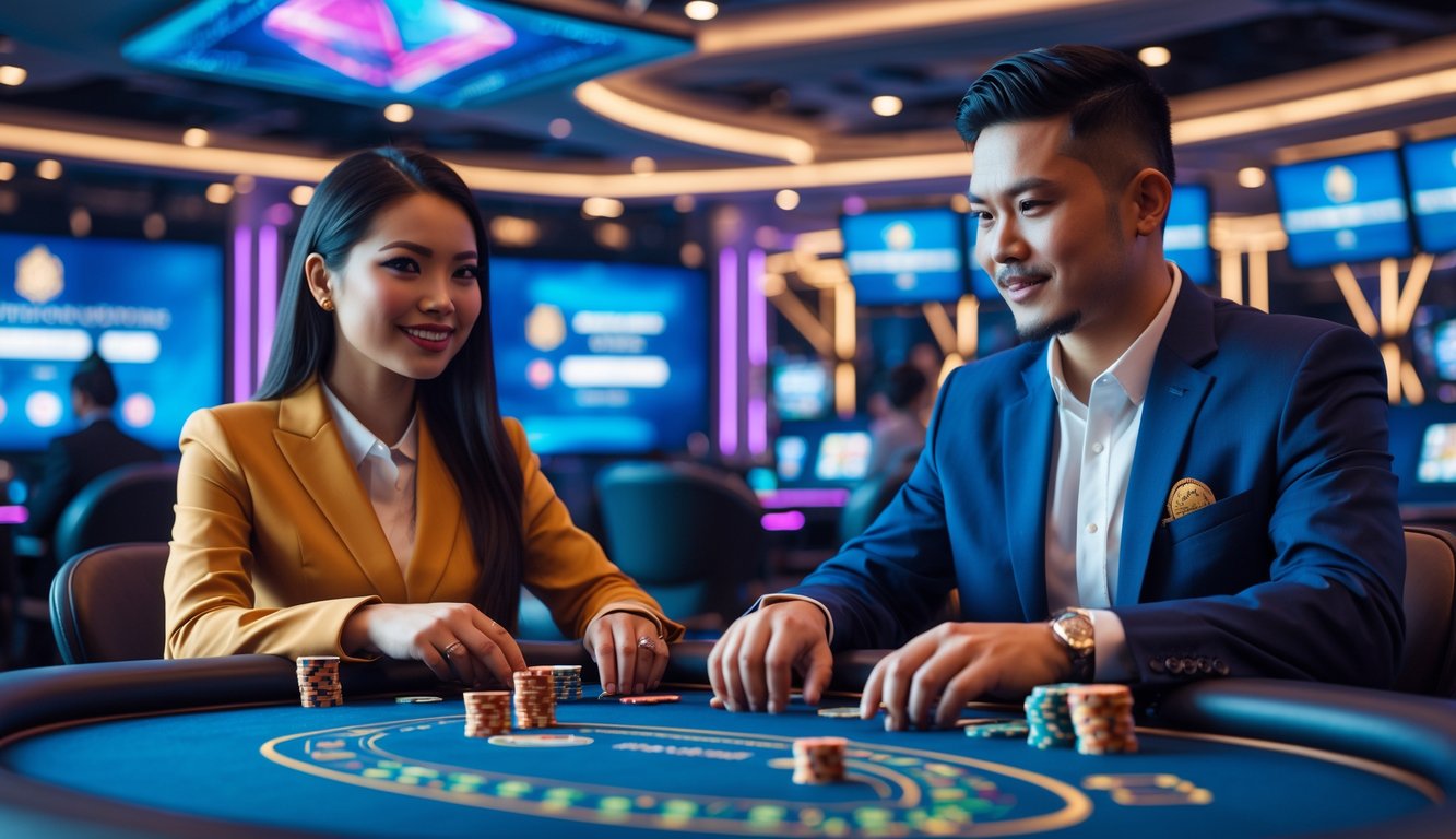 Seorang pria dan wanita Indonesia duduk di meja kasino online dengan layar dealer langsung di latar belakang, fokus bermain dan strategis.