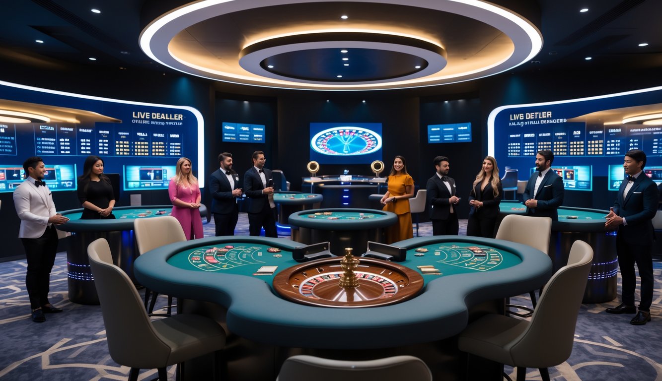 Studio kasino langsung online dengan dealer yang sedang bermain di meja kasino dan layar digital di latar belakang.