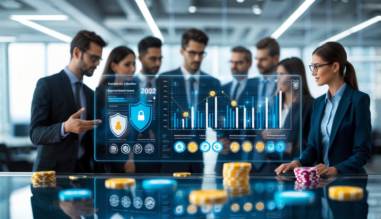 Sekelompok profesional sedang menganalisis data keamanan dan bonus situs live casino online di kantor modern.