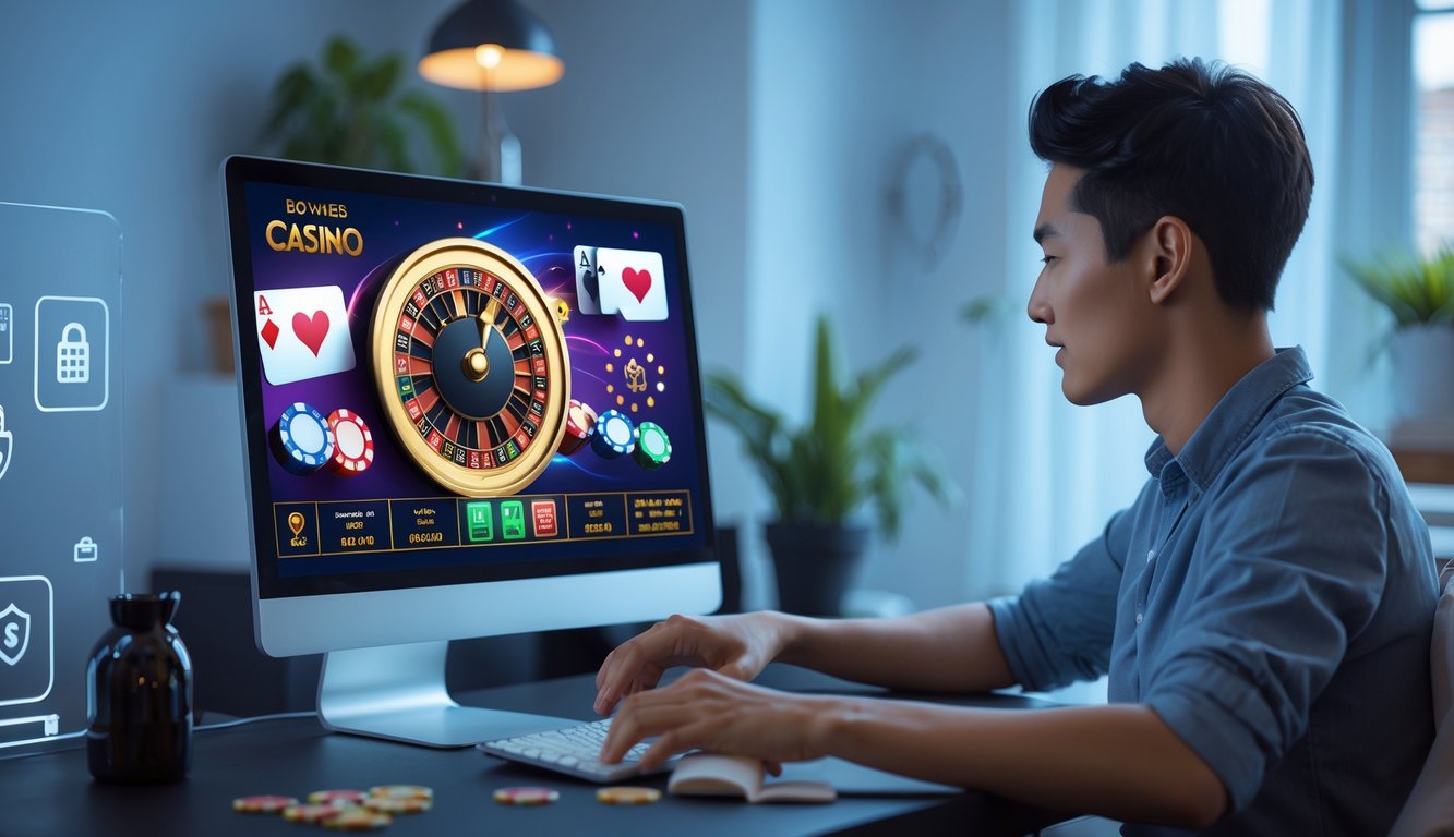 Seseorang bermain permainan kasino online di komputer dengan suasana nyaman dan aman di rumah.