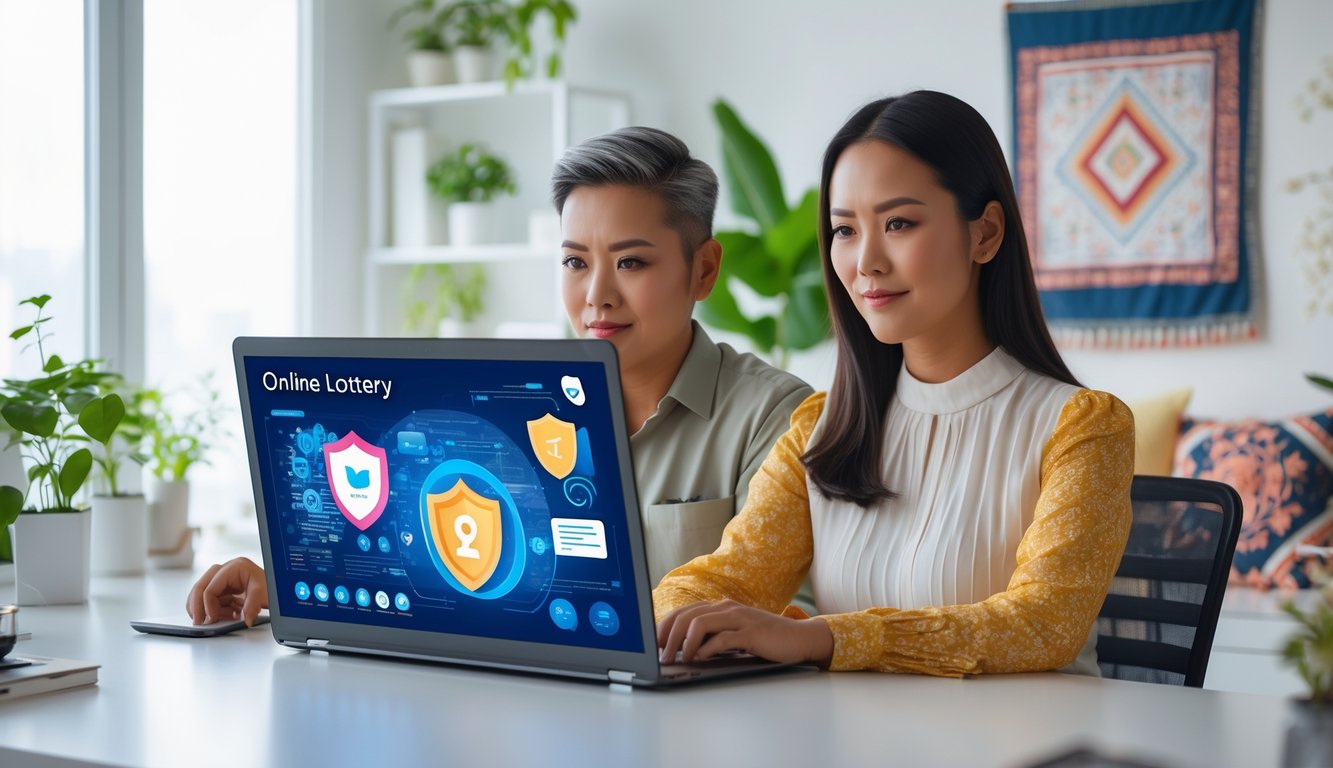 Dua orang dewasa Indonesia sedang duduk di meja kerja dengan laptop, fokus pada layar yang menampilkan grafik digital terkait judi togel online dengan suasana yang tenang dan aman.