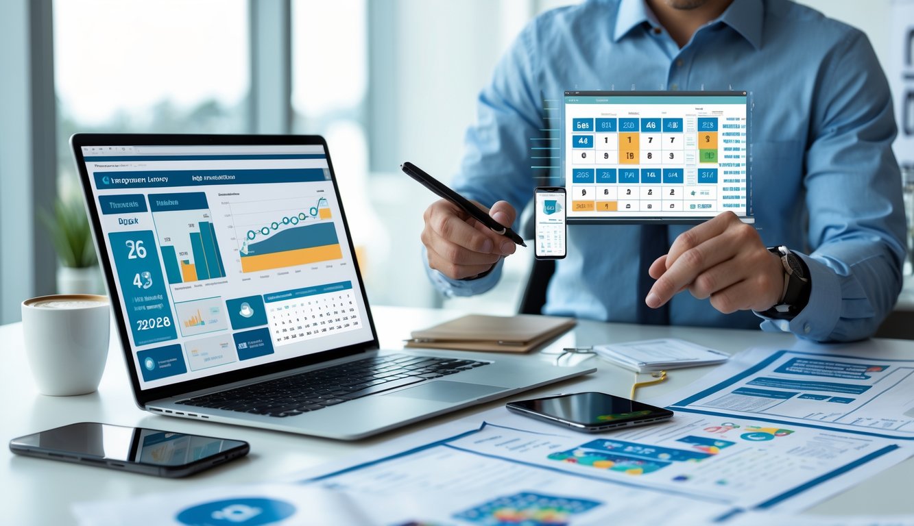 Seseorang di ruang kerja modern sedang menganalisis data togel online dengan laptop, tablet, dan dokumen di atas meja.