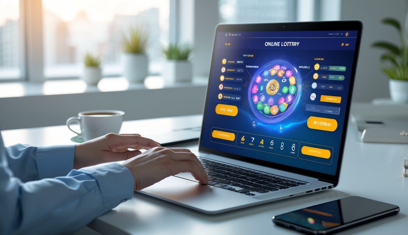 Sebuah ruang kerja modern dengan laptop yang menampilkan situs judi togel online, tangan seseorang sedang menggunakan laptop, dengan latar belakang kantor yang terang dan rapi.