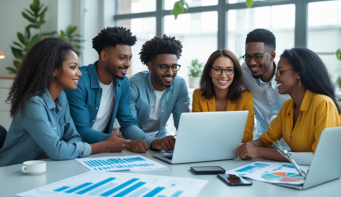 Sekelompok orang muda sedang berdiskusi dengan laptop di meja dalam ruang kantor yang terang dan modern.