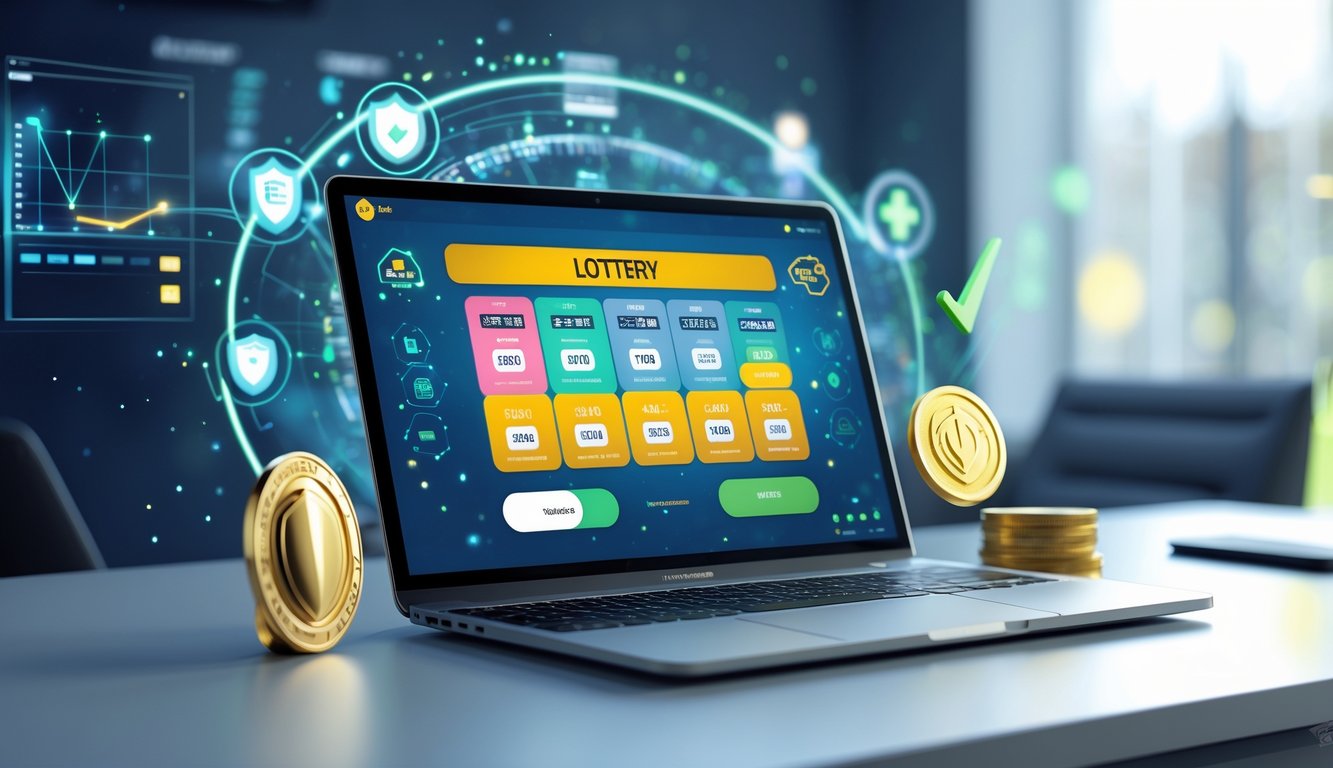Seorang profesional duduk di depan laptop dengan tampilan tiket togel online dan simbol keamanan di sekitarnya.