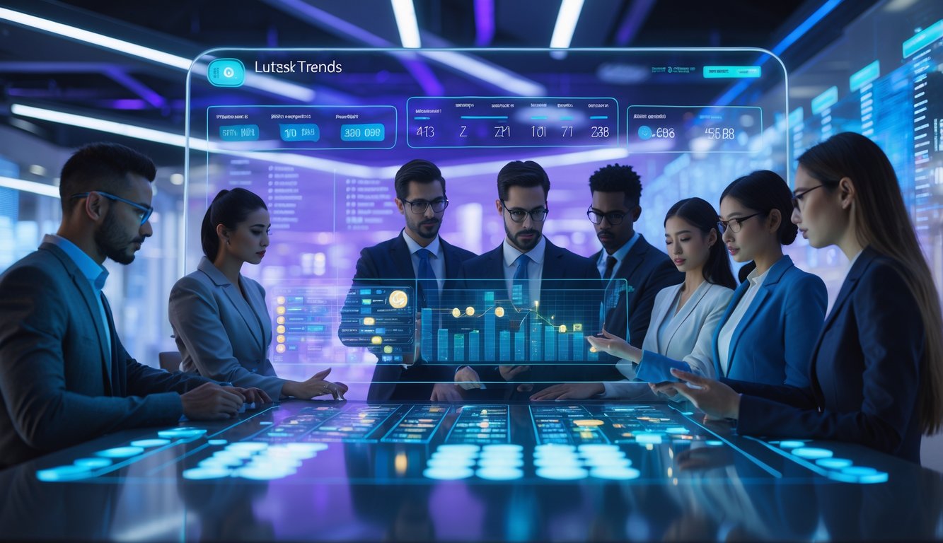 Sekelompok profesional sedang berinteraksi dengan layar sentuh digital yang menampilkan data dan angka togel di kantor berteknologi tinggi.