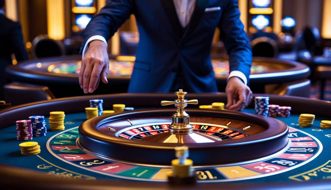 Seorang dealer sedang memutar roda roulette di meja permainan dengan pemain yang memasang taruhan di kasino mewah.